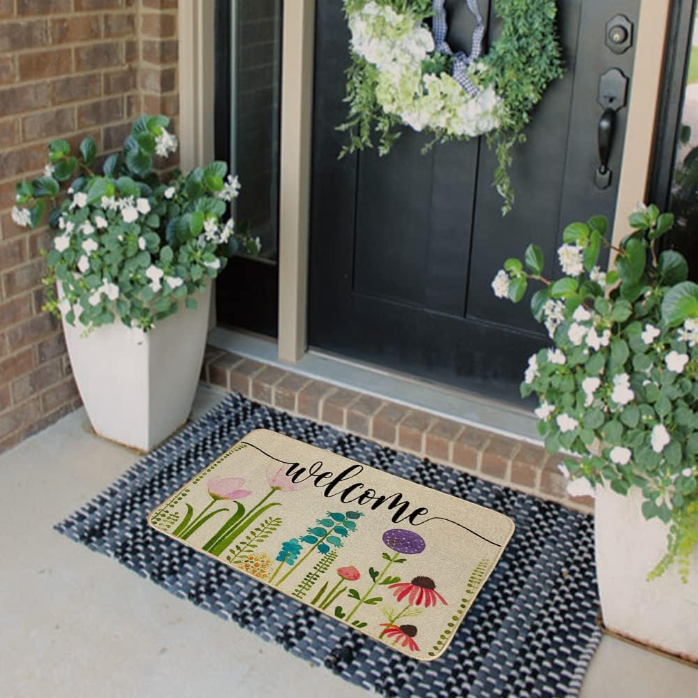 Spring Welcome Mat Flower Seasonal Outdoor Rug Low-Profile Front Door Non Slip Indoor Doormat 17 Inch x 29 Inch DM007