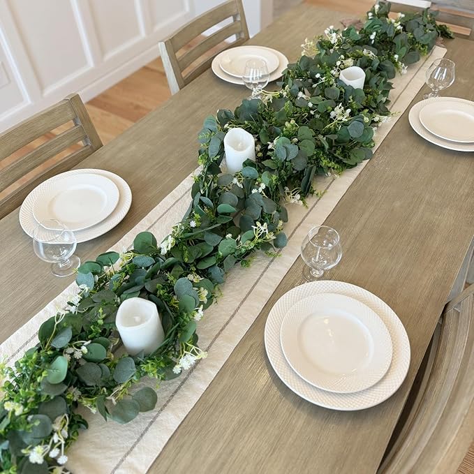 4 Pack 5.9Ft Eucalyptus Garland,Artificial Eucalyptus Flowers Leaves Table Greenery Garland Wreath Vines for Wedding Party Table Fireplace Bedroom Wall Room Decor