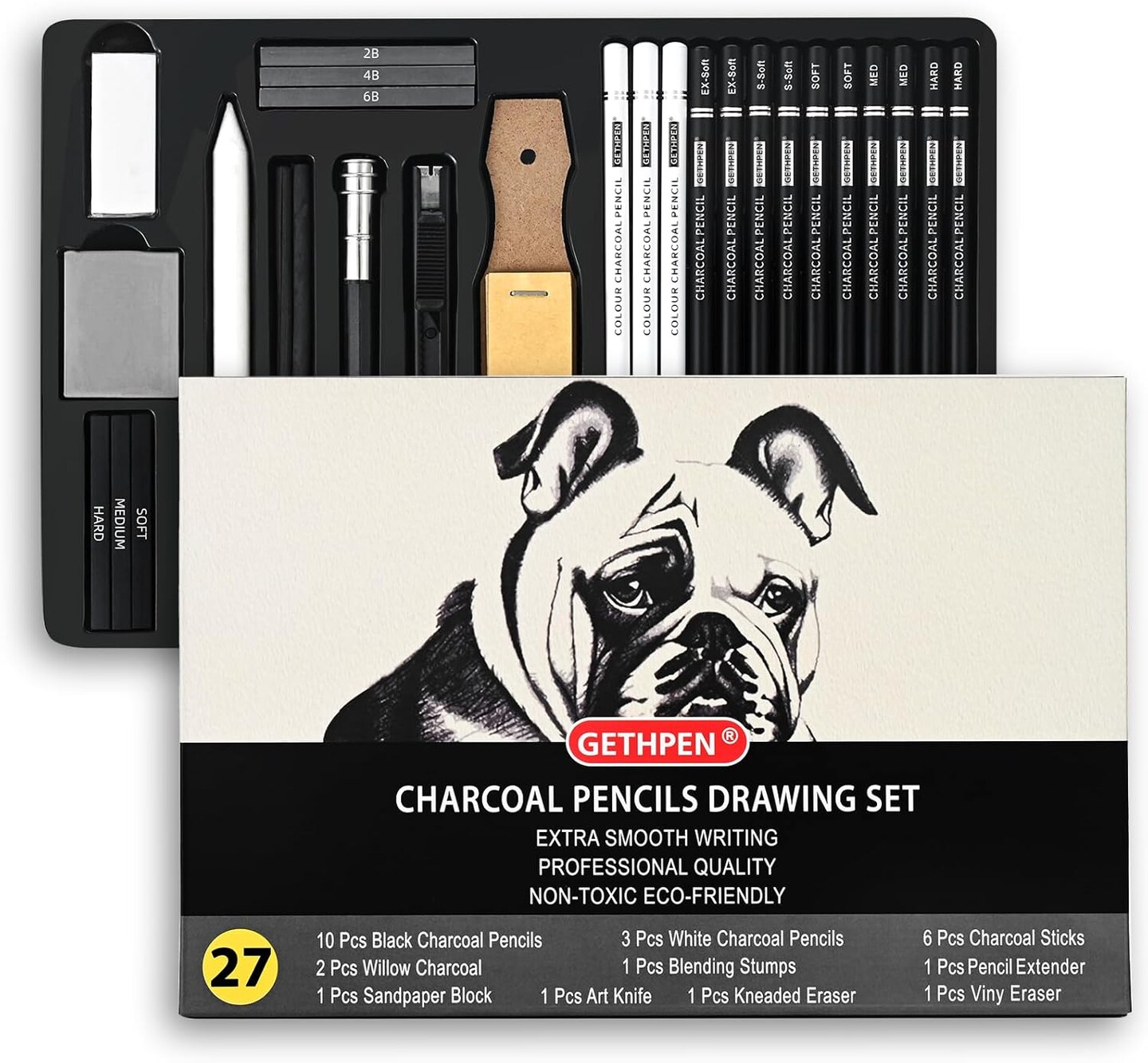 27-Piece Charcoal Drawing Set – Black & White Pencils with Graphite Sticks for Sketching & Shading