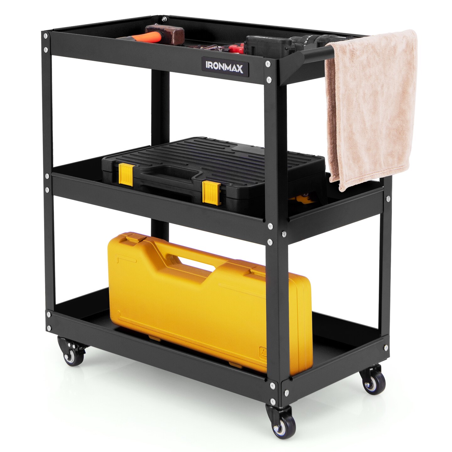 3-Tier Rolling Utility Tool Cart with 3 Large Shelves and 4 Universal Wheels Perfect for Kitchen or Garage