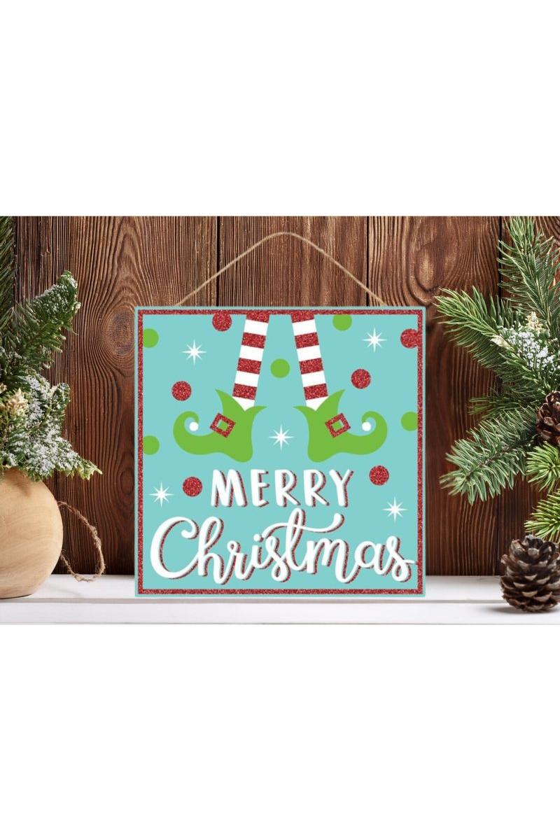 10&#x22; Wooden Elf Sign: Ice Blue Merry Christmas