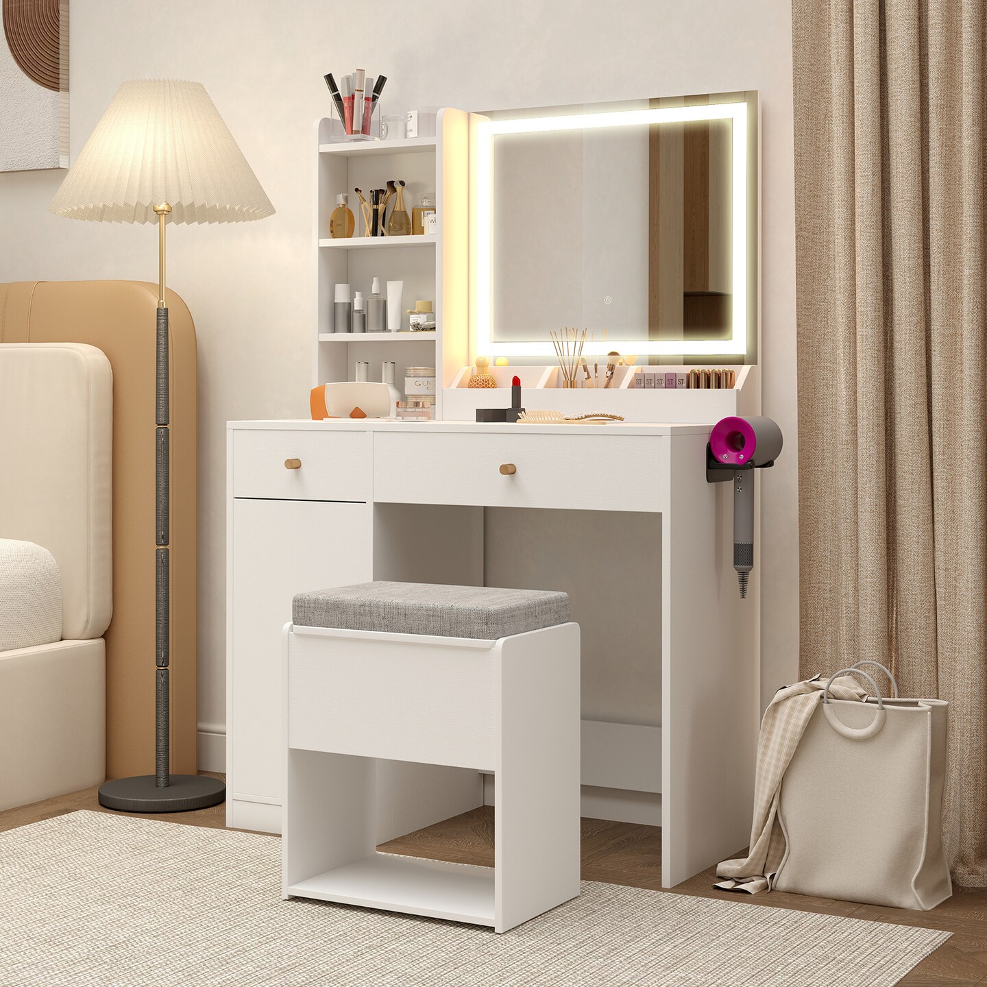 Vanity Set with 3-Color Adjustable Lights, Storage, Charging Ports and Stool