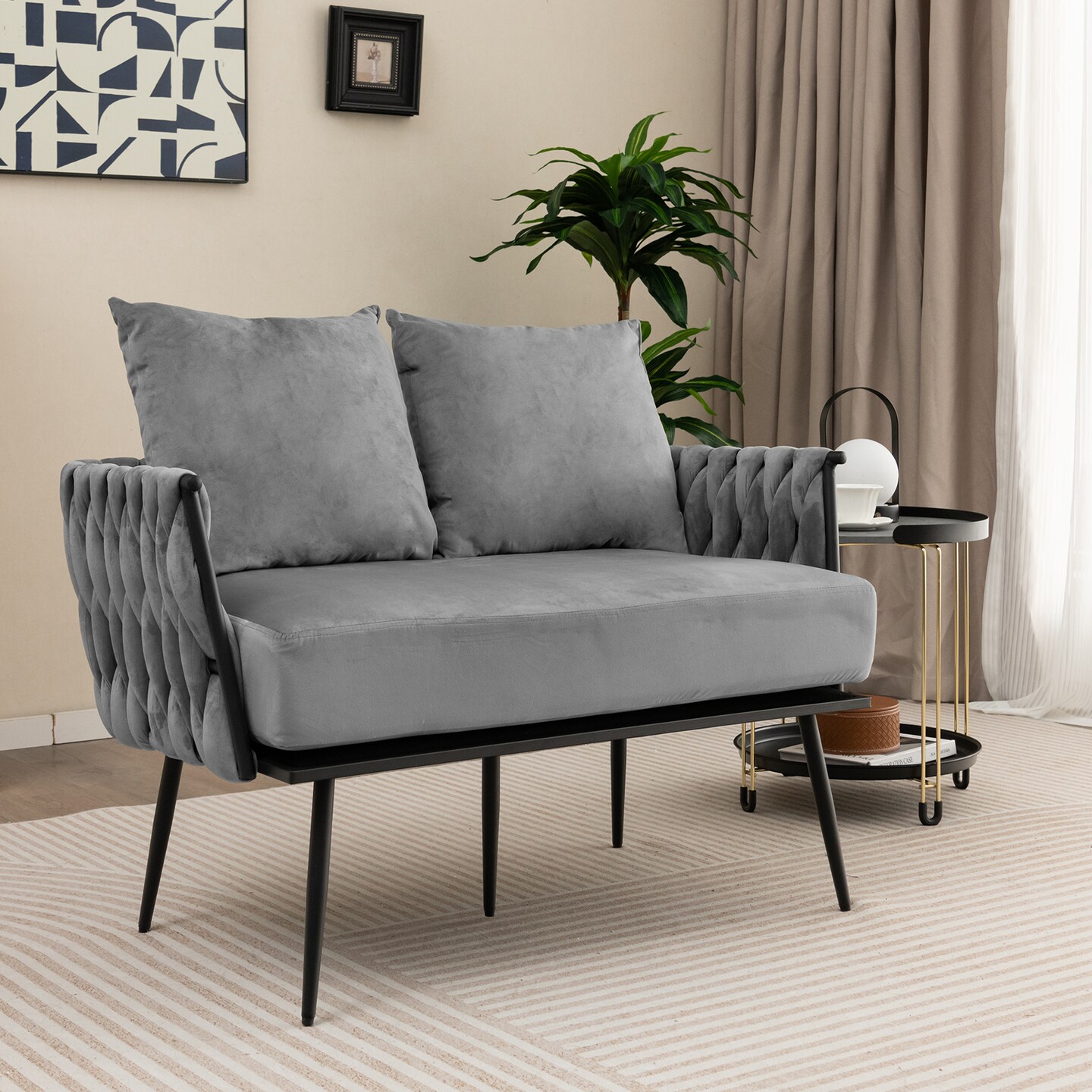 Velvet Woven Loveseat and Cozy 2-Seater Sofa with Metal Legs