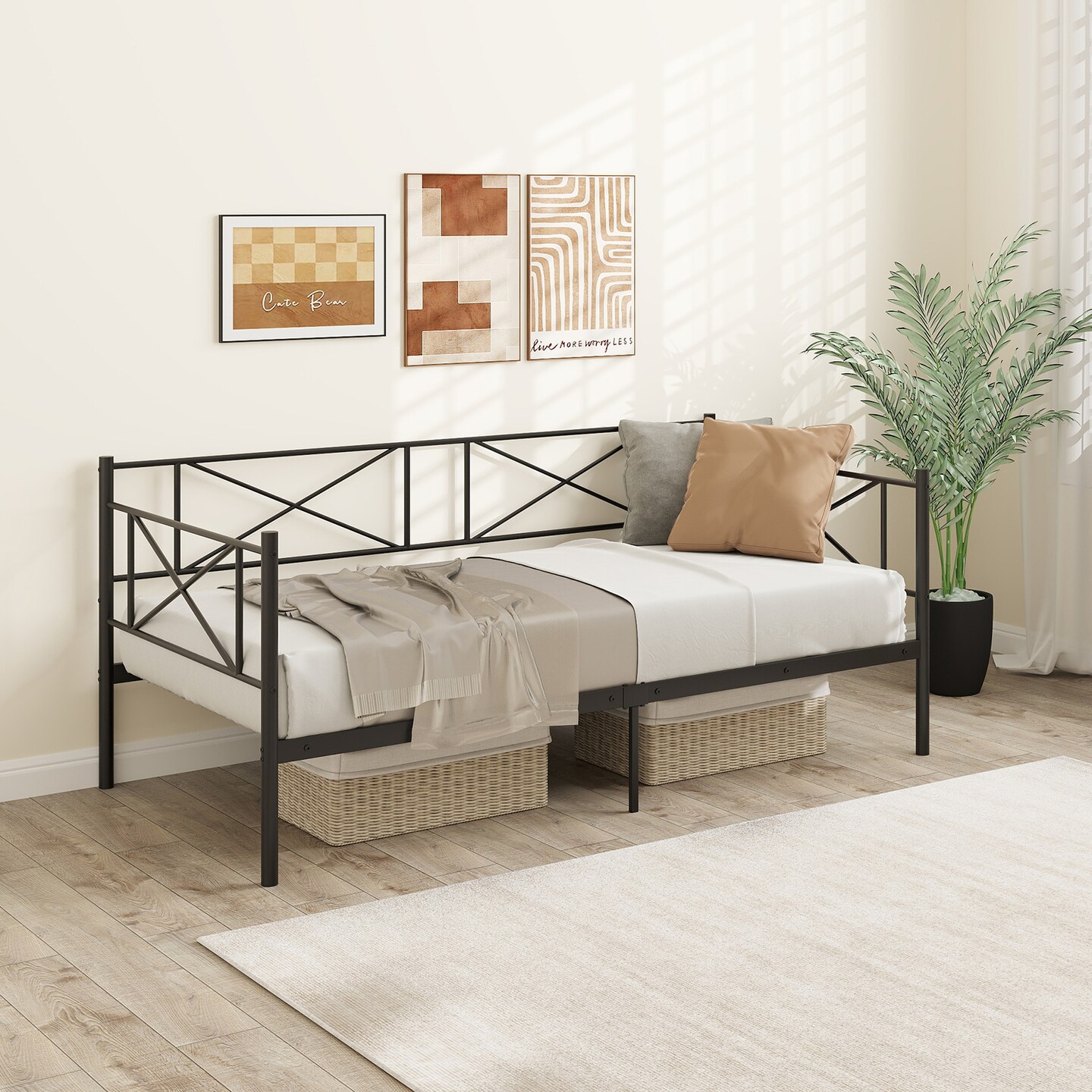Twin Platform Bed Frame with Metal Slats and Space-saving Design
