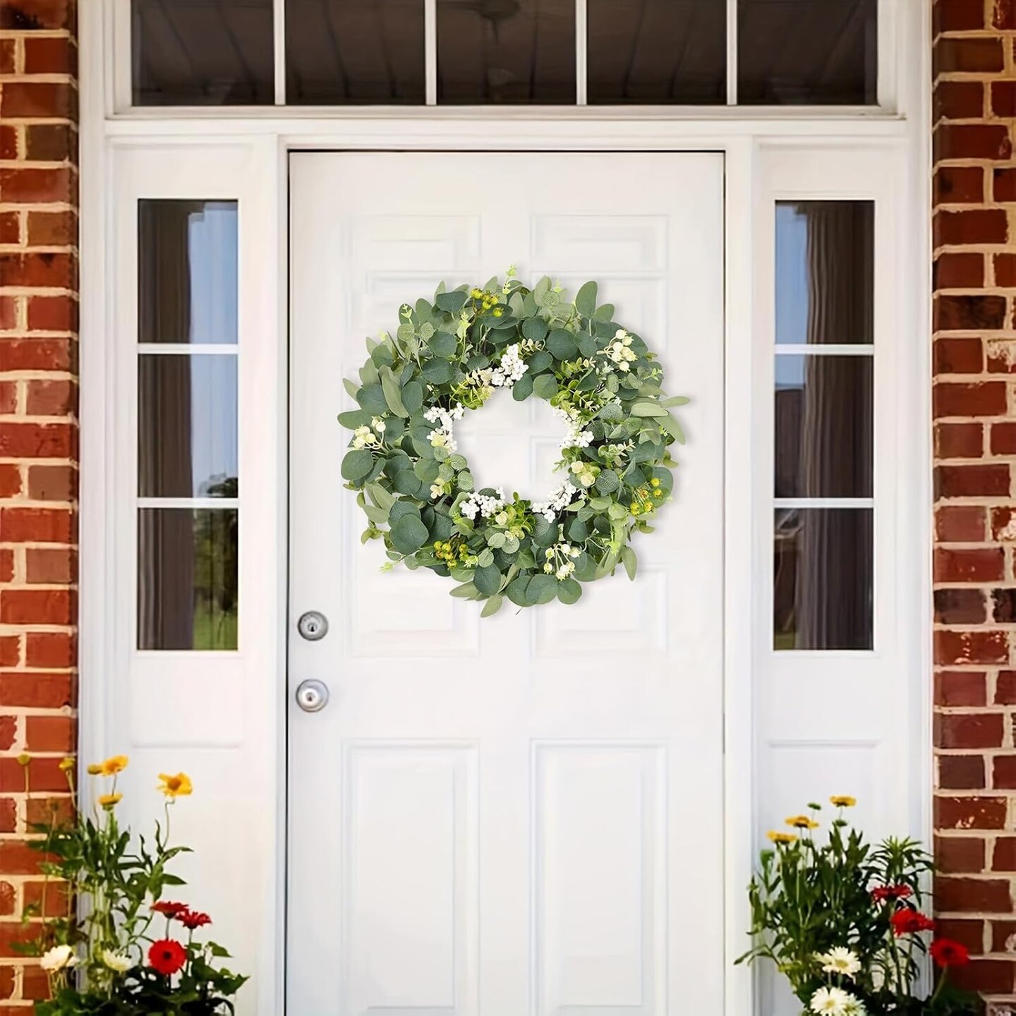20 Inch Eucalyptus Wreath for Front Door, Spring Green Leaf Door Wreaths Farmhouse with Boxwood Willow Leaves Berries for All Seasons Window Wall Wedding Indoor Outdoor Decor
