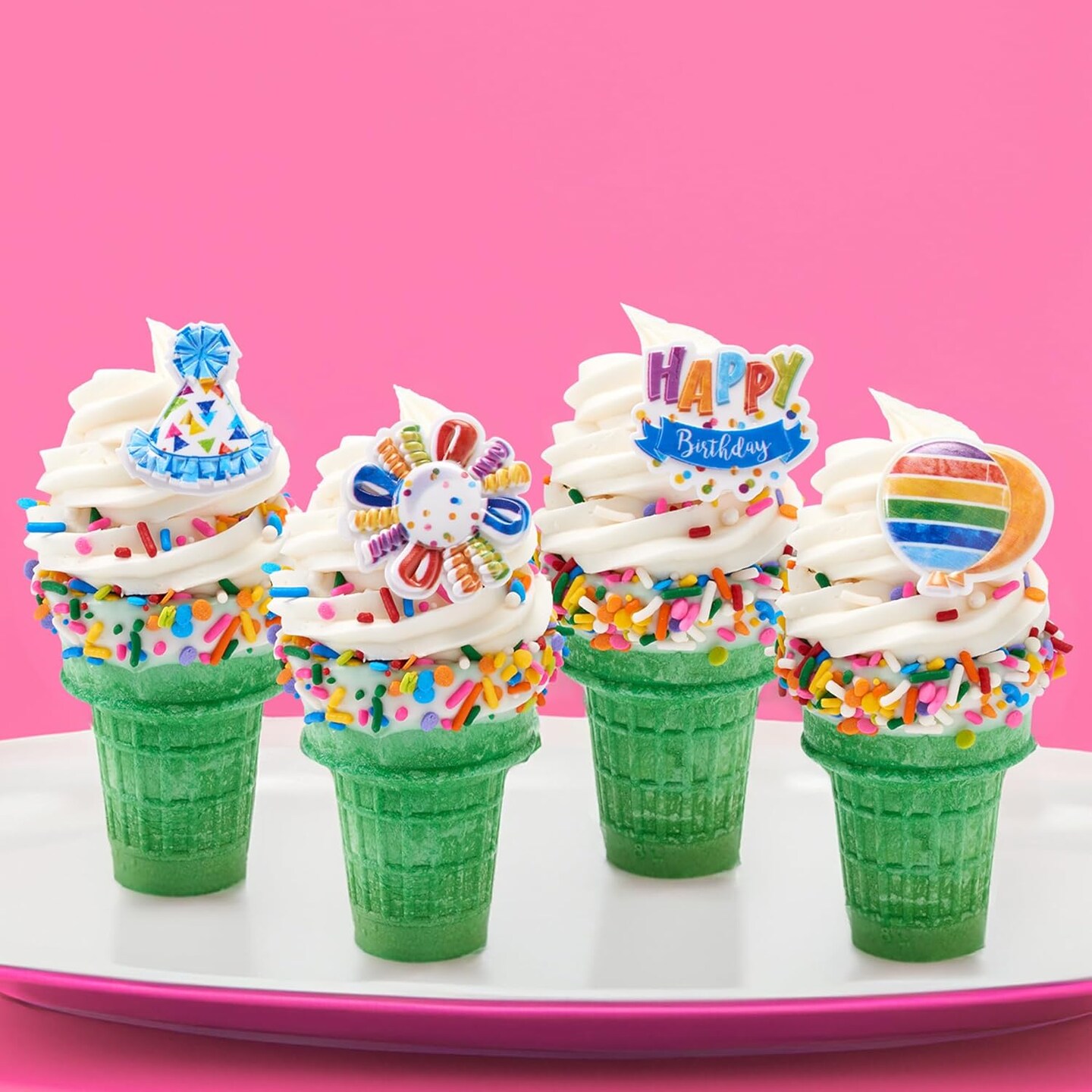 24PCS Happy Birthday Cupcake Toppers – Multi-Colored Balloons, Party Hats & Streamers