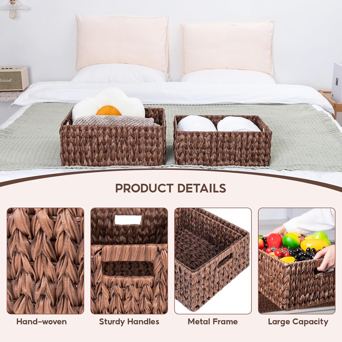 Large Spring Wicker Basket, Waterproof Wicker Storage Basket, Odorless Plastic Woven Baskets for Organizing, Rectangle Rattan Baskets with Handle