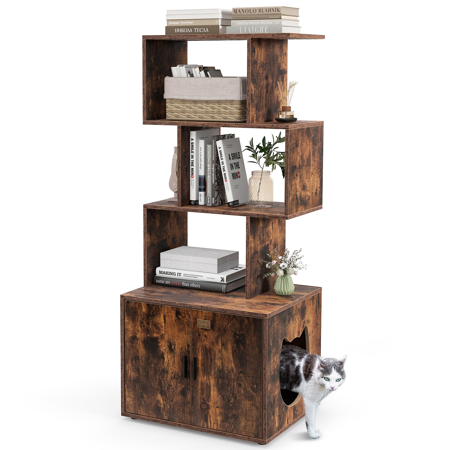 MDF Metal Cat Cabinet with Shelves and Litter Box Enclosure