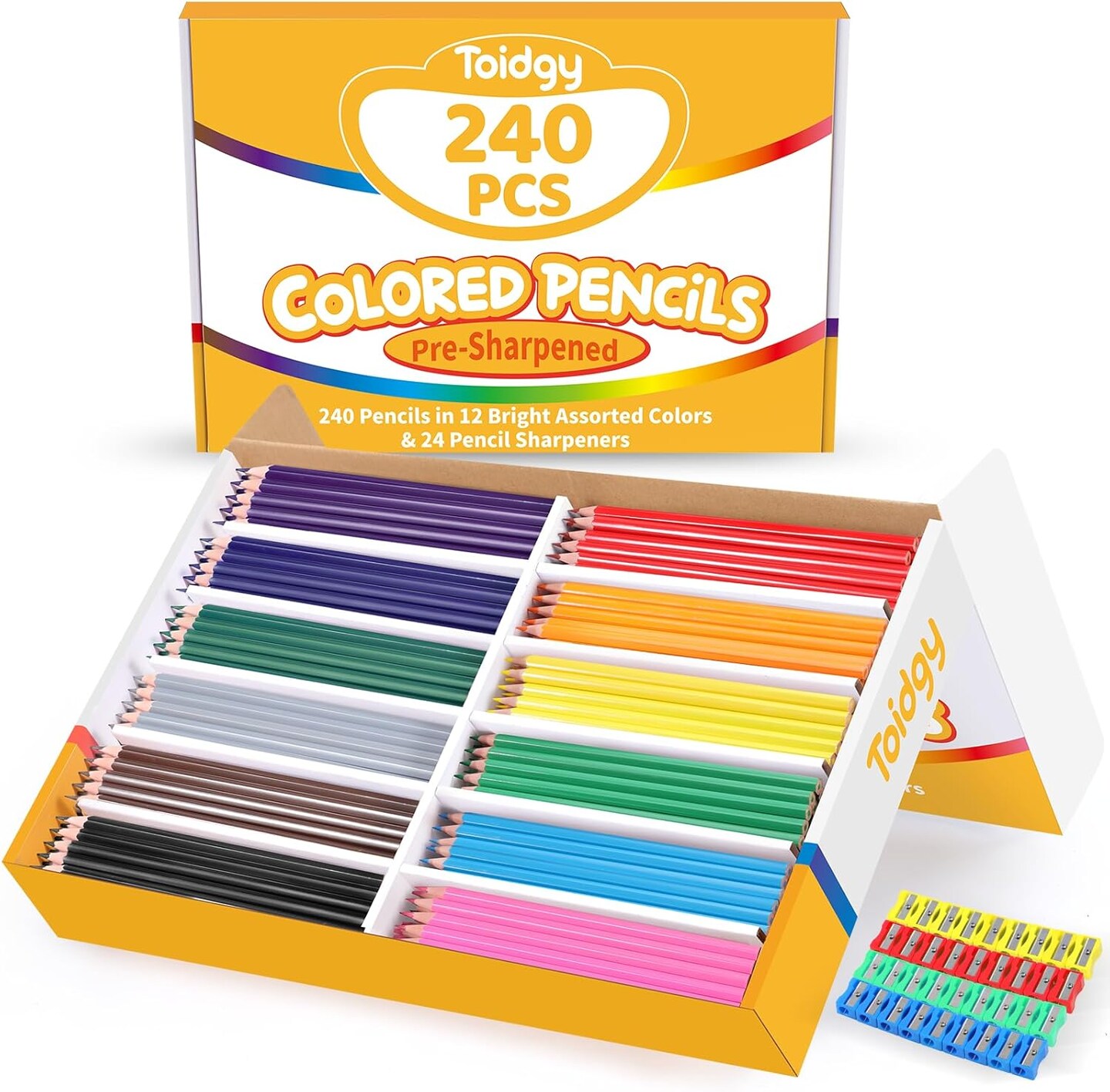 240 Packs Colored Pencils Bulk Classroom, Colored Pencils for Kids 12 Assorted Colors, Coloring Pencil Set Plus 24 Sharpeners, Pre-sharpened Color Pencils