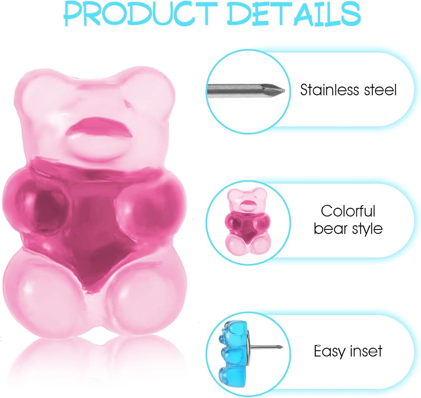 50pcs Gummy Bear Push Pins Colorful Translucent Cute Decorative Push Pin for Bulletin Board Thumbtacks Thumb Tack Resin Bear Bulletin Board Pins Pushpins with Box for Wall Cork Board Hanging Posters