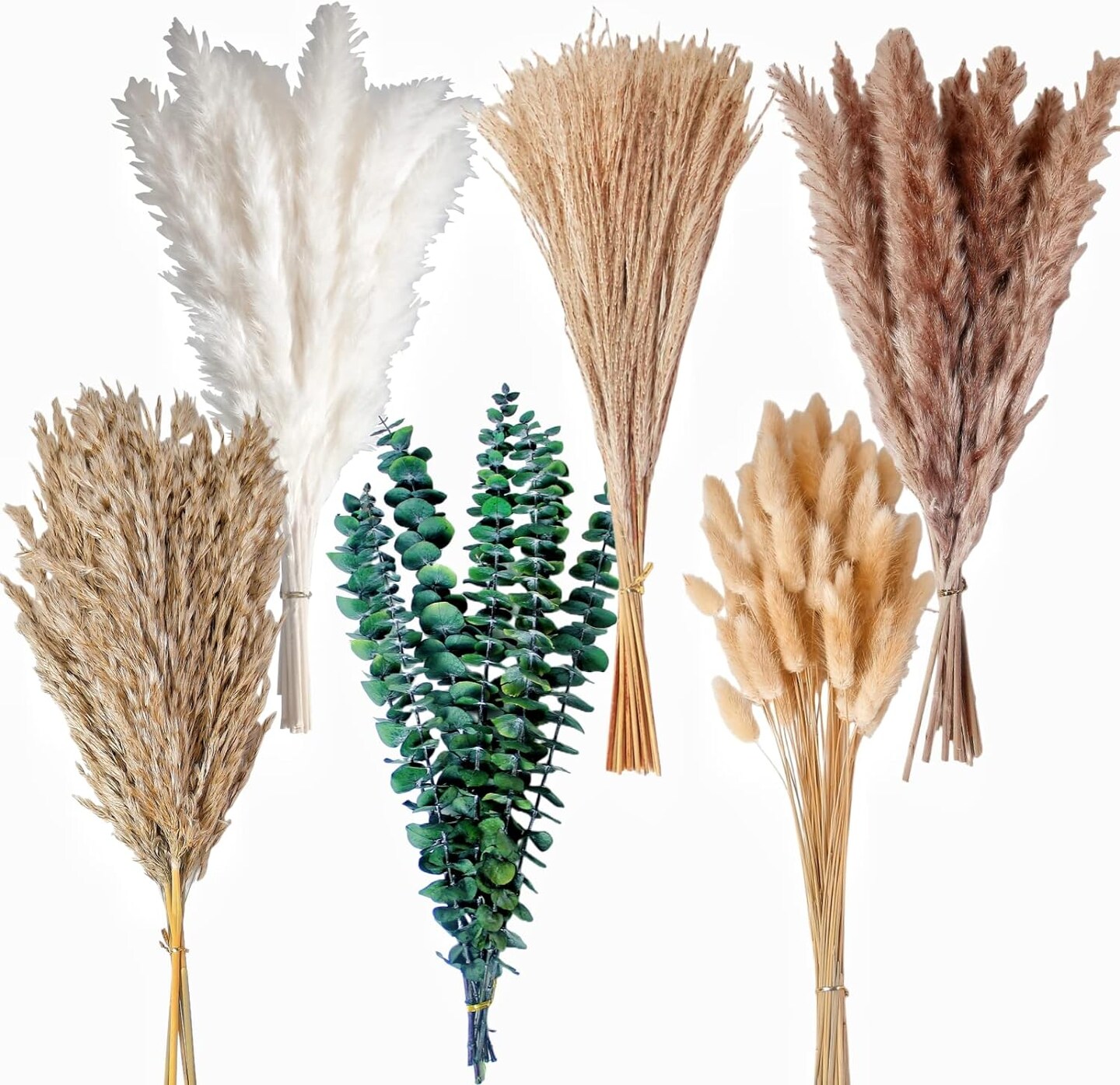 Boho Pampas Grass Decor, Naturally Dried Pompas, Bunny Tails Dried Flowers, and dried eucalyptus. Perfect for Weddings