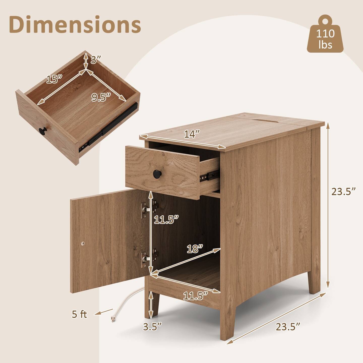 Flip Top Beside End Table with Charging Station Power Outlets and Pull-Out Drawer and Cabinet