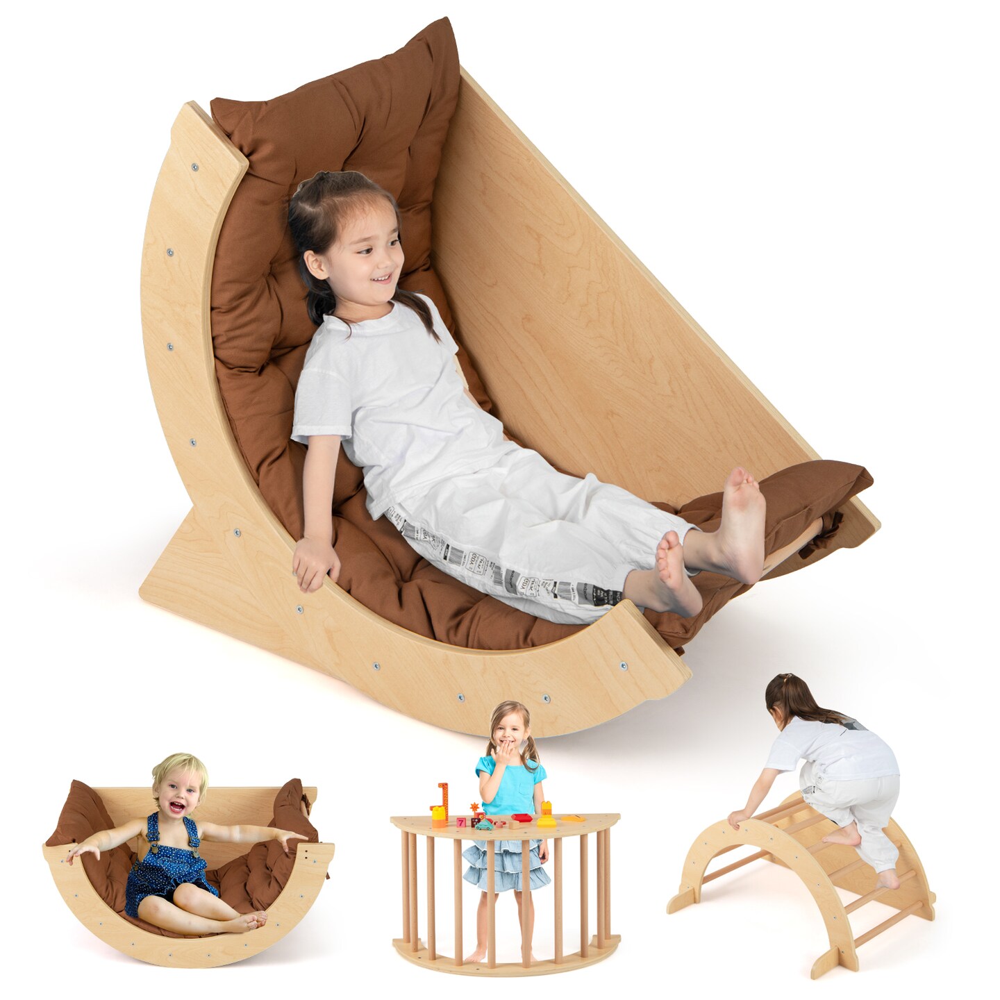 6-in-1 Montessori Arch Climber with Cushion, Toy Storage and Anti-Tip Feet