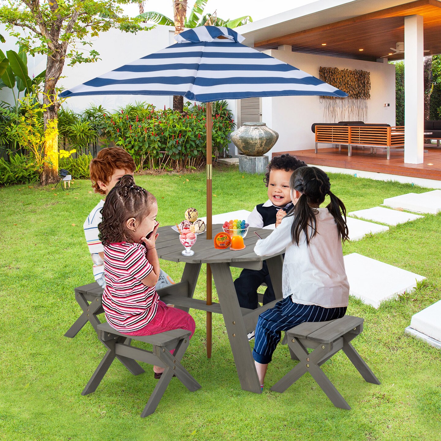 2-in-1 Convertible Kids Wooden Table Set with Umbrella Hole Perfect Gift for Your Kids