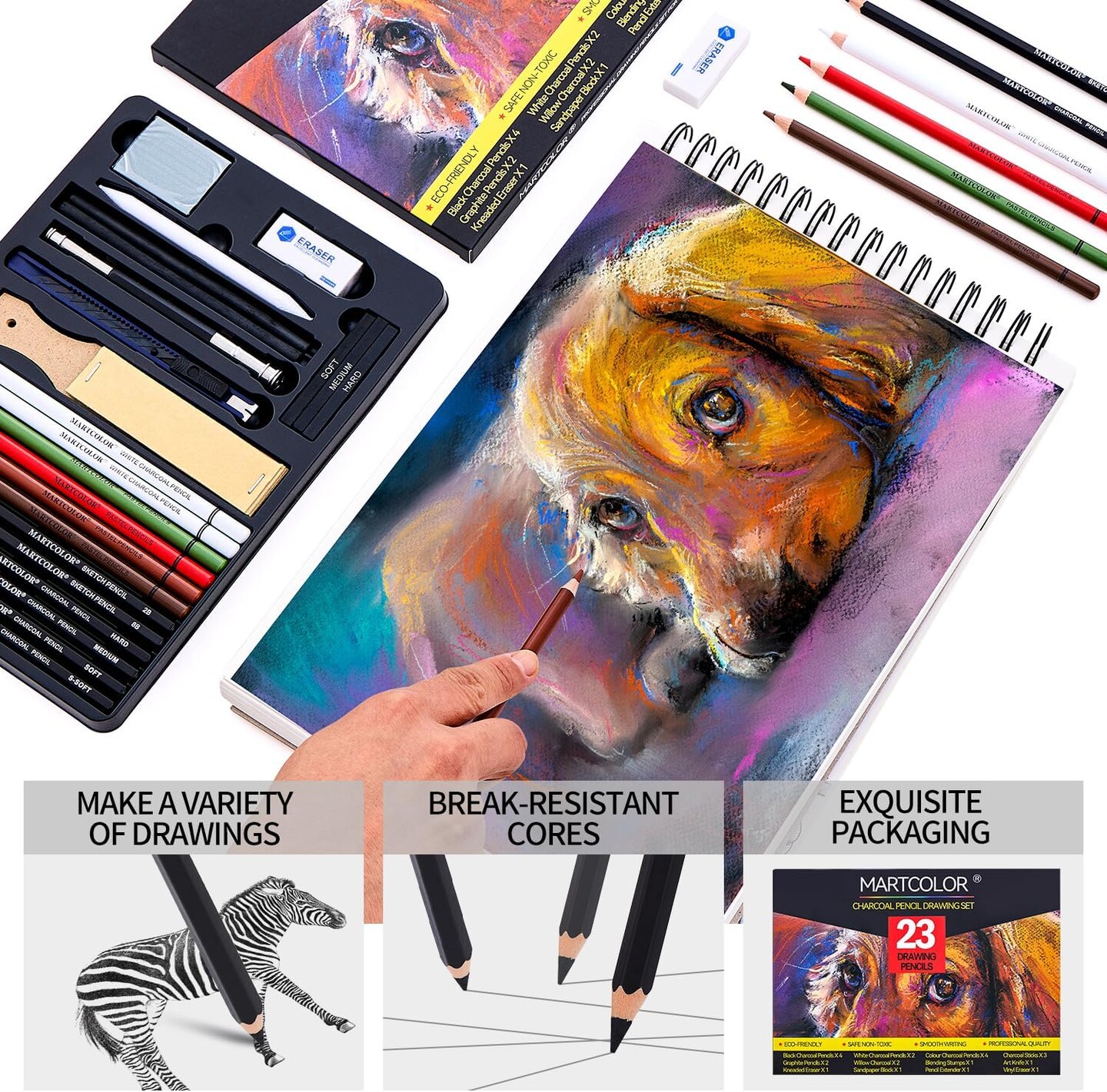 Charcoal Drawing Set, Set of 23, Graphite Pencils, Black &#x26; White Charcoal Pencils for Drawing, Sketching, Shading, Blending, Artist Pencils for Beginners &#x26; Pro Artists