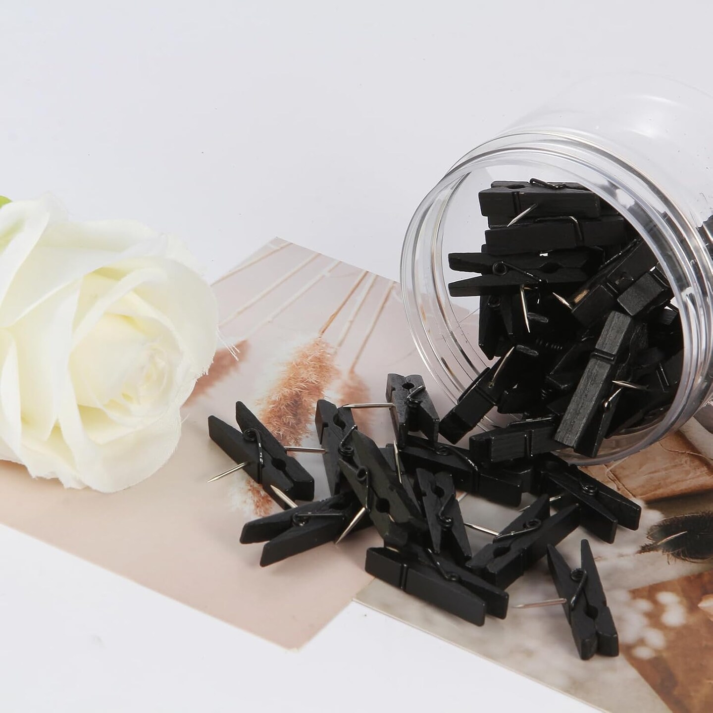 50-Pack Black Push Pins with Spring-Loaded Wooden Clips, Damage-Free Cork Board Tacks for Artwork, Photos &#x26; Notes (No-Mark Design)