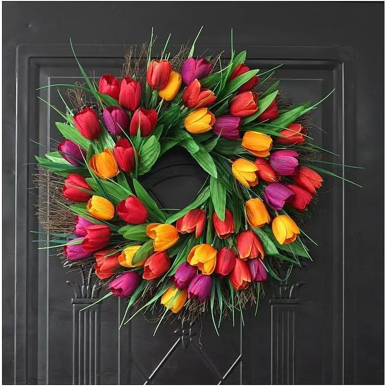 Tulip Wreath for Front Door, 18 Inch Spring Red Tulip Flower Wreath with Green Leaves Wreaths for All Seasons Window Wall Wedding Holiday Party Farmhouse Decorations Indoor Outdoor