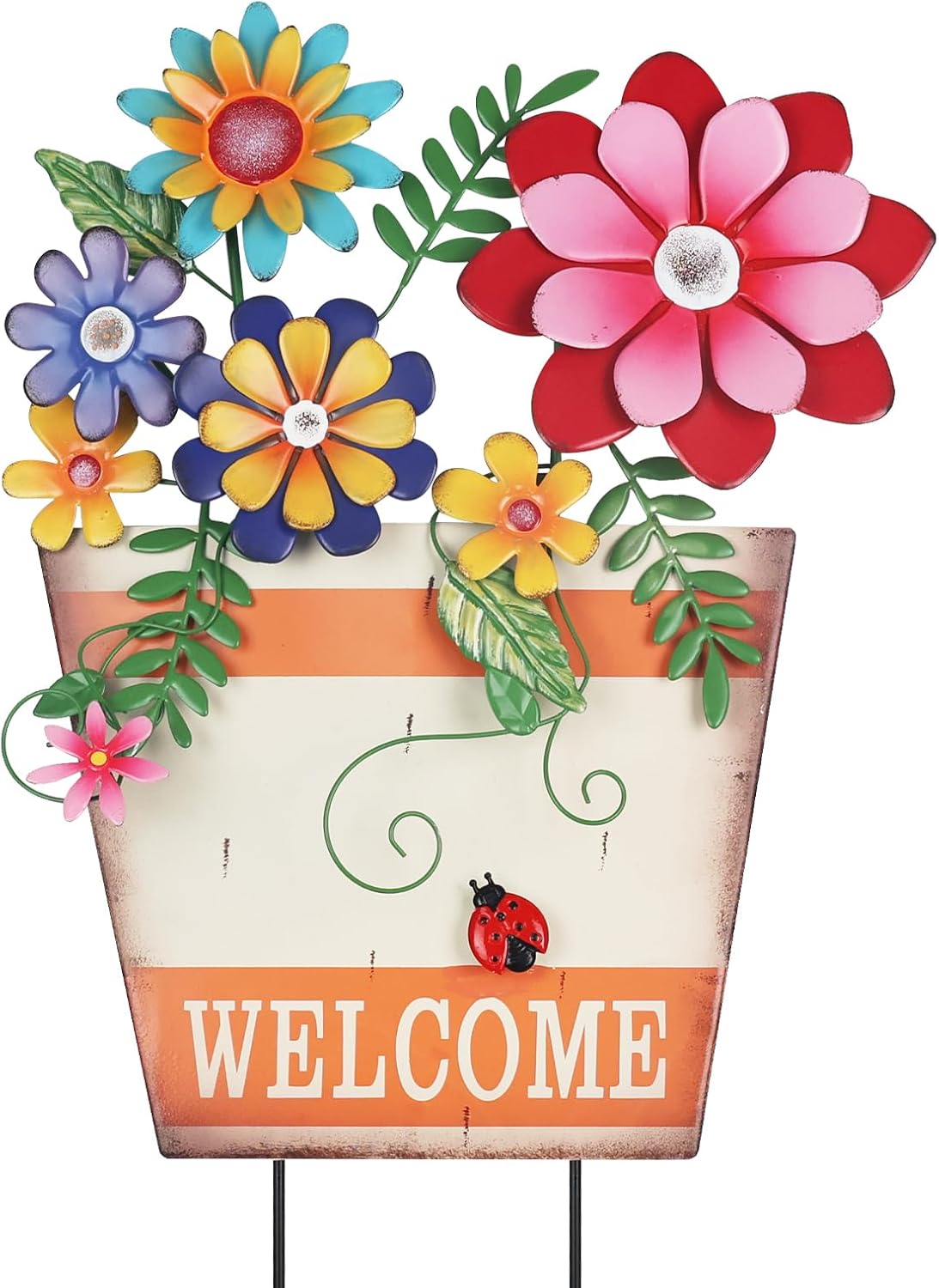 Spring Garden Decoration for Outside, Metal Flower Pot Decorative Garden Stakes with Flowers for Spring Decor, Yard Art Welcome Sign for Outdoor Garden Lawn Backyard Porch Patio Decorations