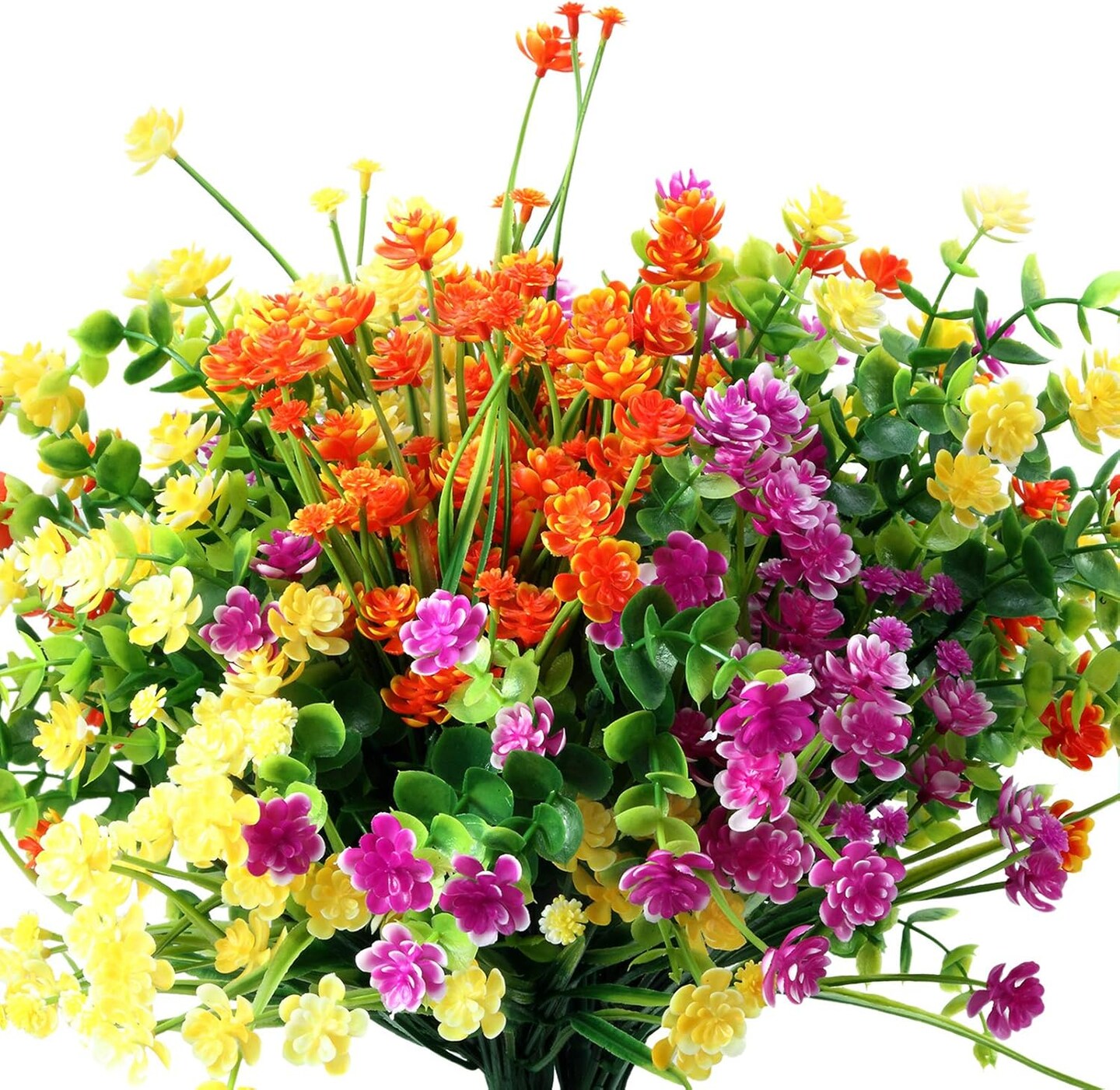 12 Bundles Artificial Flowers Outdoor, UV Resistant Fake Plants Shrubs in Yellow, Orange & Fuchsia for Porch, Patio, Hanging Planters, Window Boxes & Spring Summer Décor