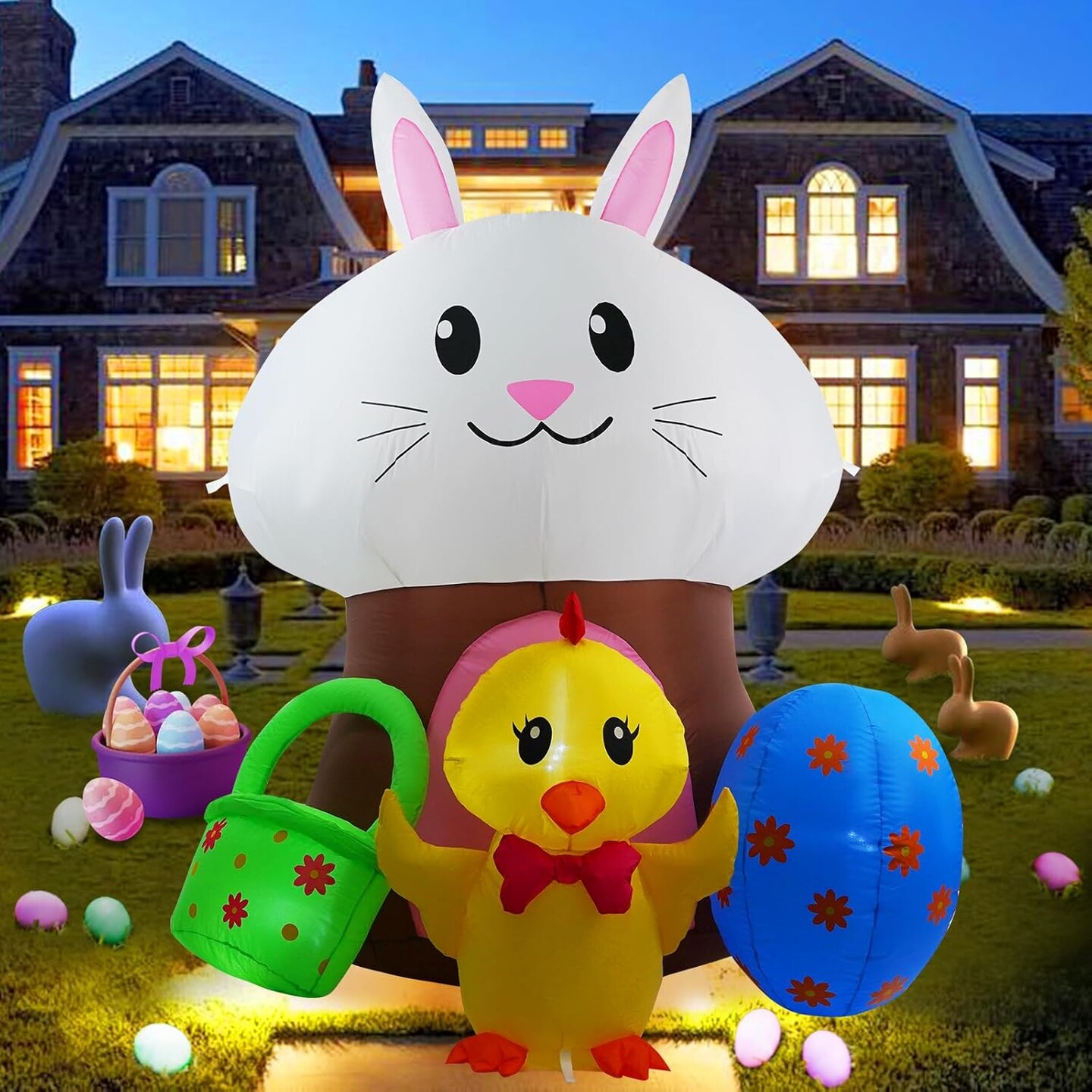 6 FT Easter Inflatable Yard Decorations, Mushroom Rabbit and Colored Egg Chicken Light up Outdoor Decor for Holiday Party Indoor Outdoor Garden Lawn