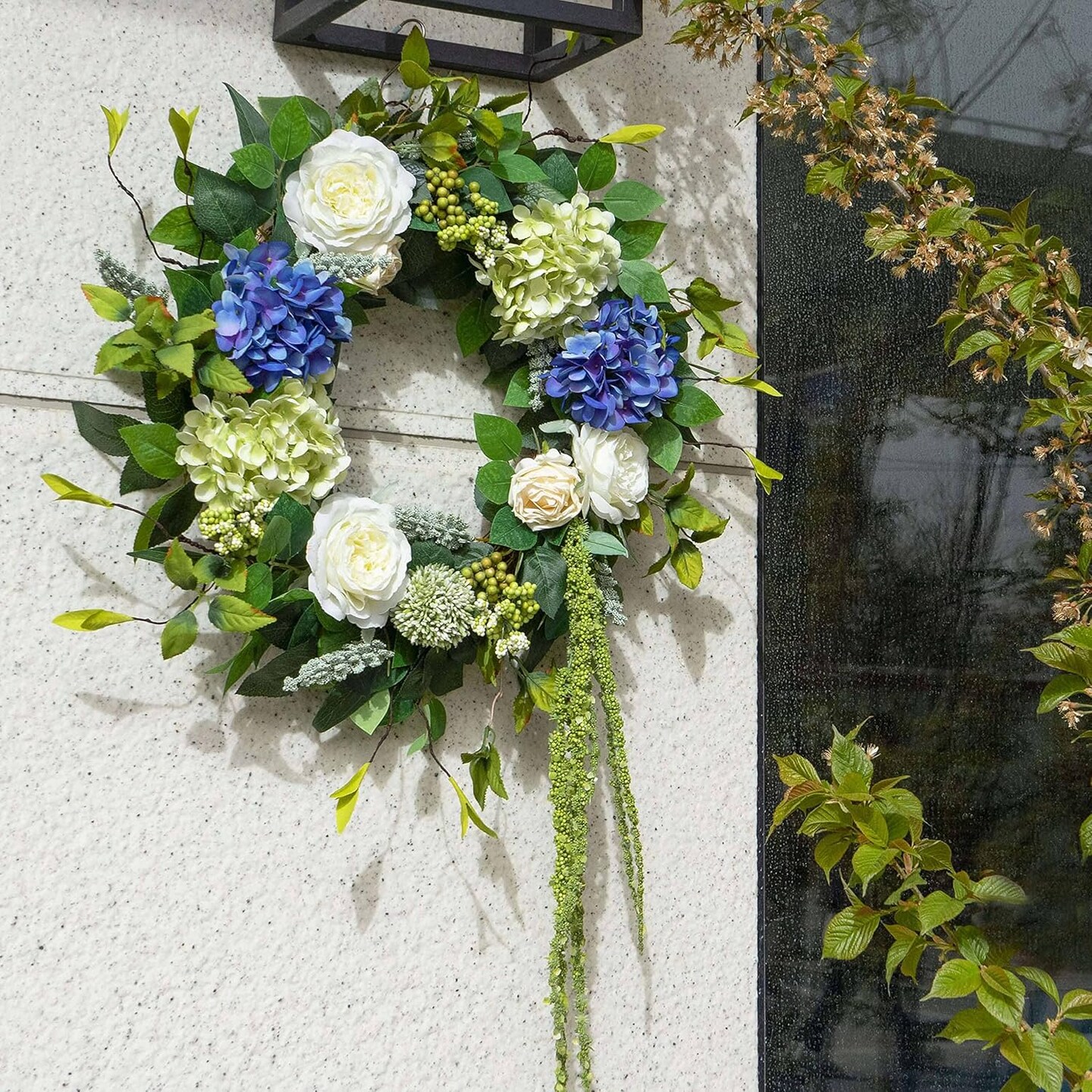 23 Inch Spring Wreaths for Front Door, Blue and Green Hydrangea Flower Door Wreaths Outside, Floral and Seasonal Wreath, Artificial Decor Decorations for Outdoor, Indoors, Valentine