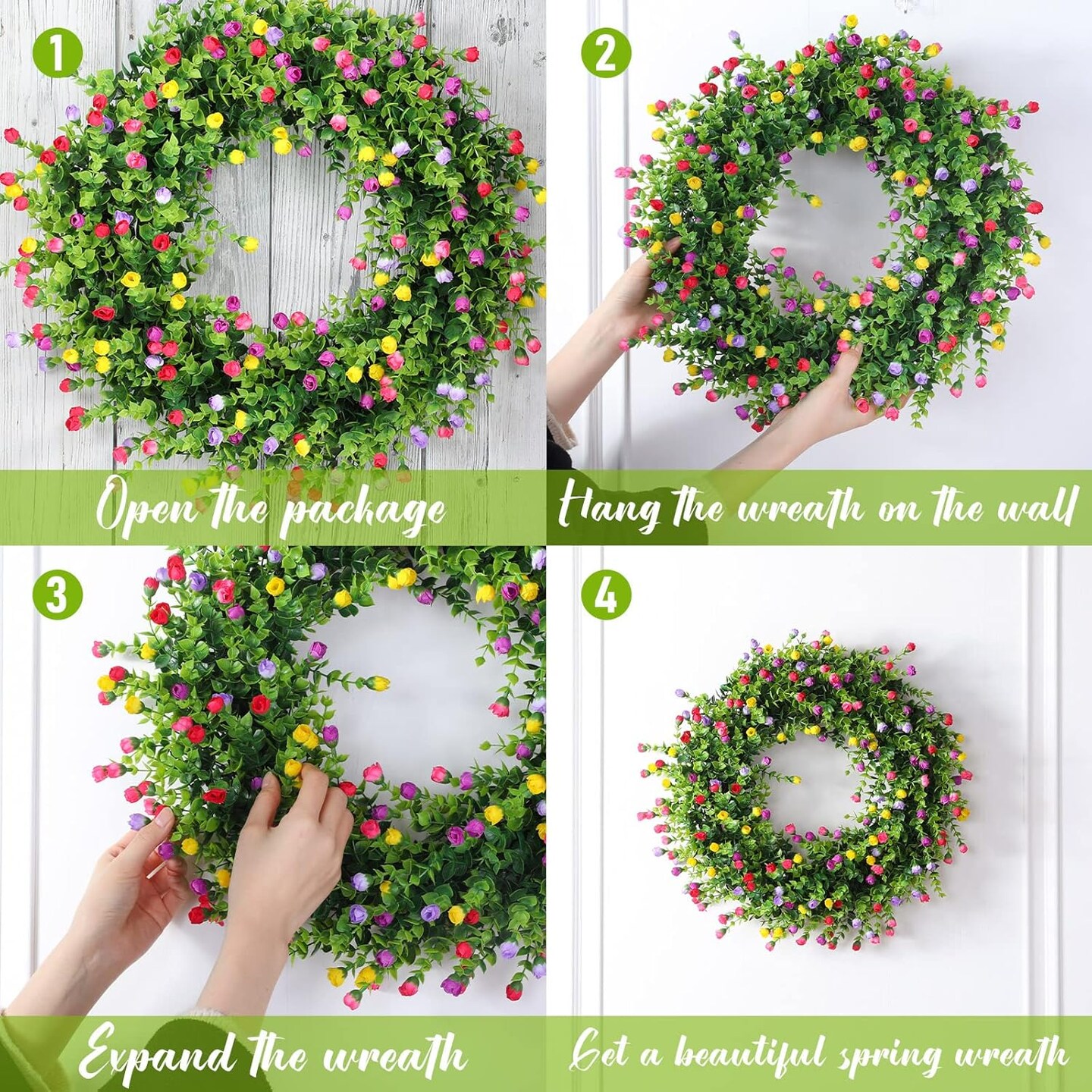 Spring Wreaths for Front Door Silk Artificial Rose Flower Wreath 120 Colorful Flowers with Plastic Green Eucalyptus Leaves Farmhouse Outdoor Wreath for Home Summer Decorations, 17.8 Inches