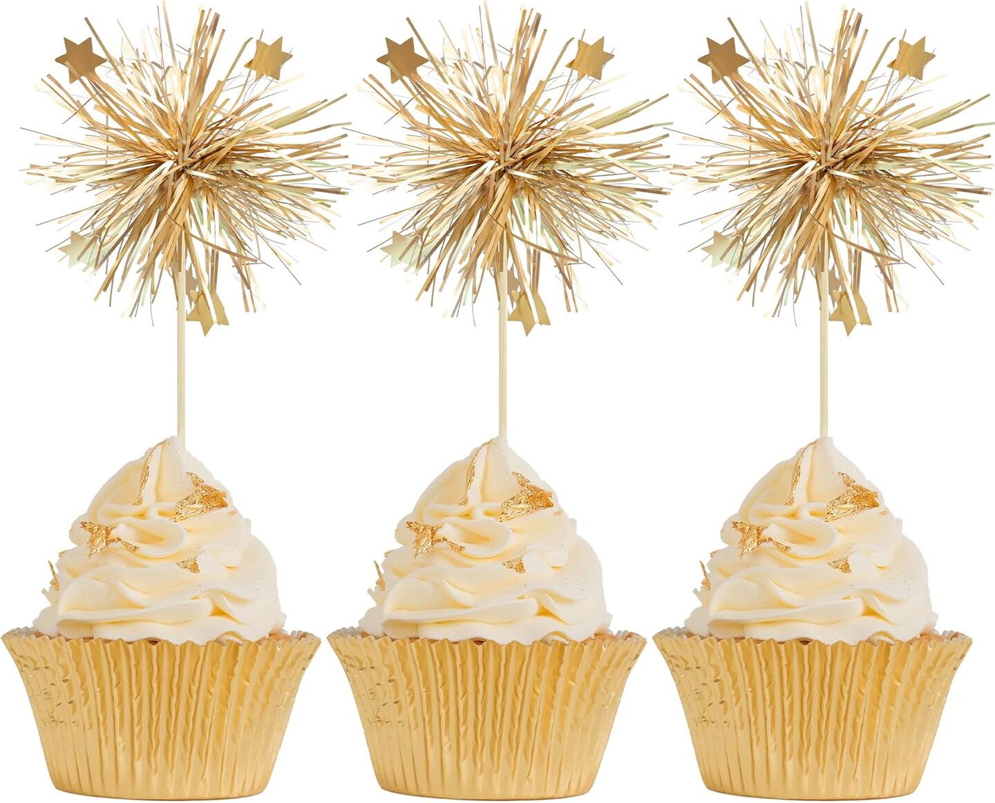 30Pcs Foil Firework Cupcake Toppers Happy Birthday Cake Toppers Sparkle Tinsel Flower Drink Stirrers Cocktail Food Fruit Toothpicks for Valentine&#x27;s Day Party Supplies Gold