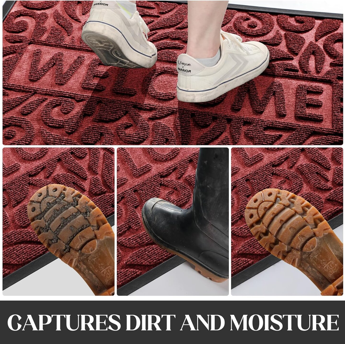 Welcome Mat Outdoor Indoor, 29.5x17 Waterproof Door Mat Outside Entrance, All-Weather Non Slip Door Mat Outside Entrance, Low-Profile Front Door Mat, Porch and Patio Entryway Mat, Wine Red