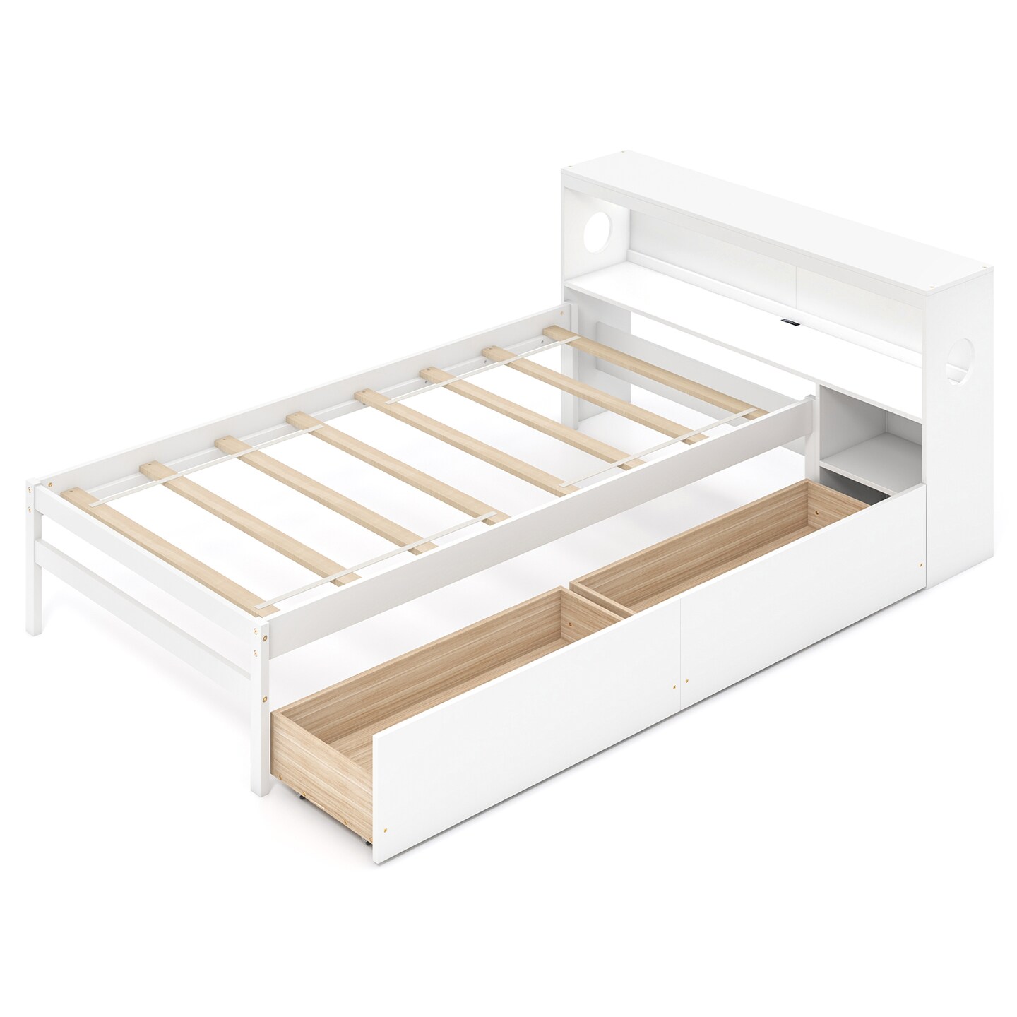 Solid Wood Bed with Storage Headboard, LED Light, USB Ports and Drawers