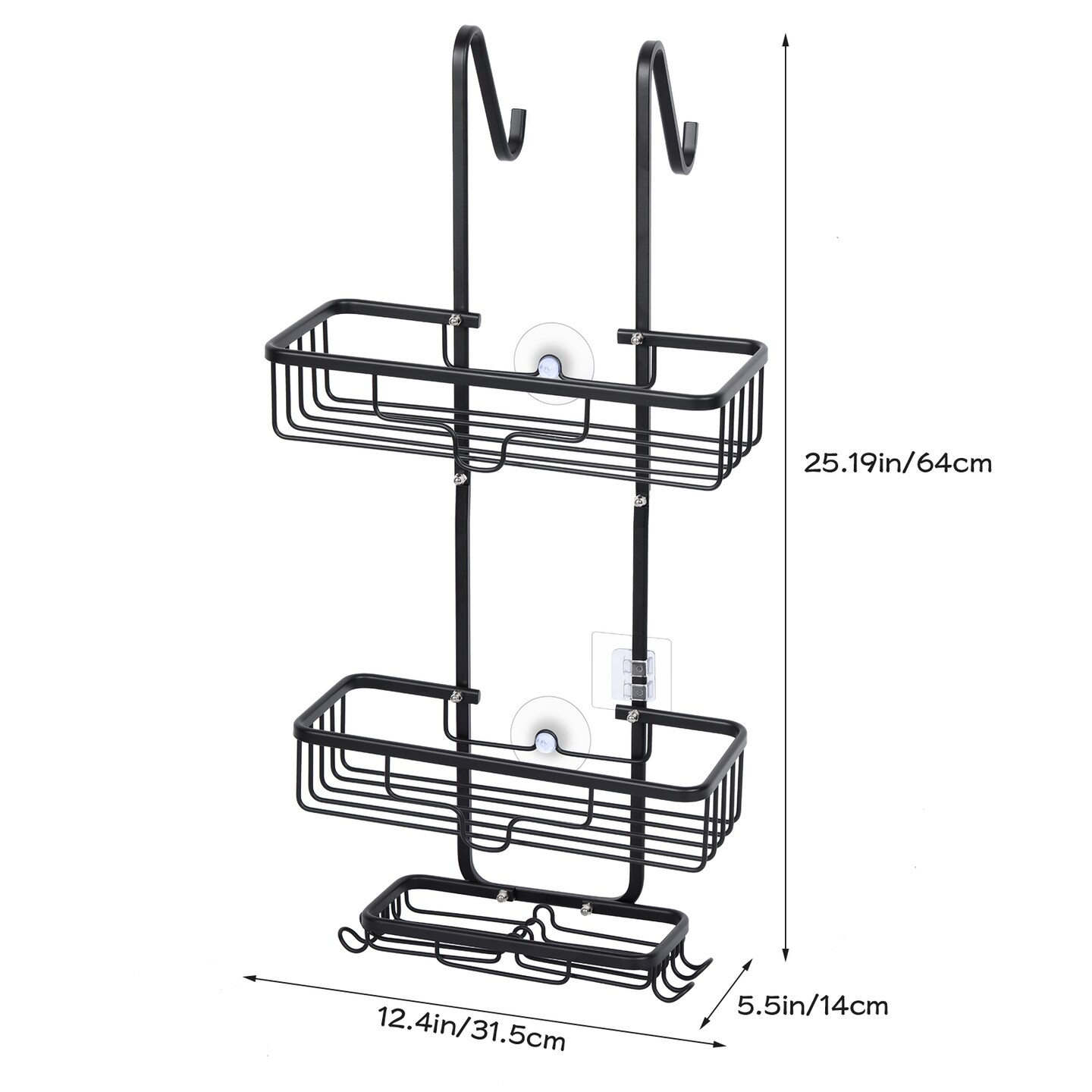 Over The Door Shower Caddy Organizer &#x2013; 3-Tier Aluminum Hanging Bathroom Storage with 2 Baskets, 4 Hooks &#x26; Soap Holder, Rustproof &#x26; No Drill Installation (Black)