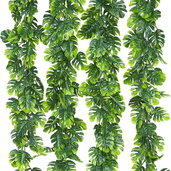 4Pcs Artificial Monstera Leaf Vines, 5.6Ft Fake Hanging Greenery Plants Tropical Palm Leaves Ivy Vine Monstera Garland for Home Garden Porch Patio Hawaiian Party Indoor Outdoor Décor