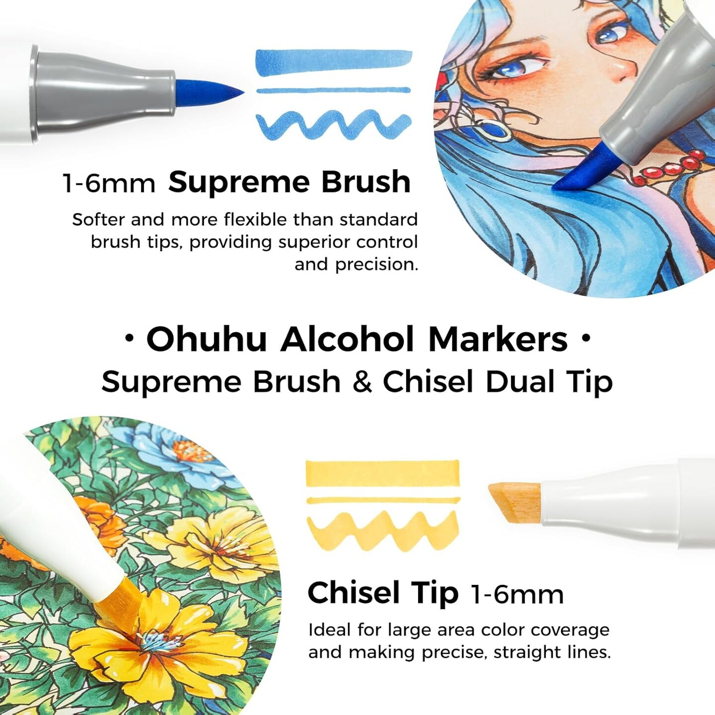 Ohuhu Brush Markers Honolulu Plus: 24/ 36-color Supreme Brush& Chisel Dual Tips Alcohol-based Art Marker Set for Artist Adult Coloring Book Illustrations- Refillable
