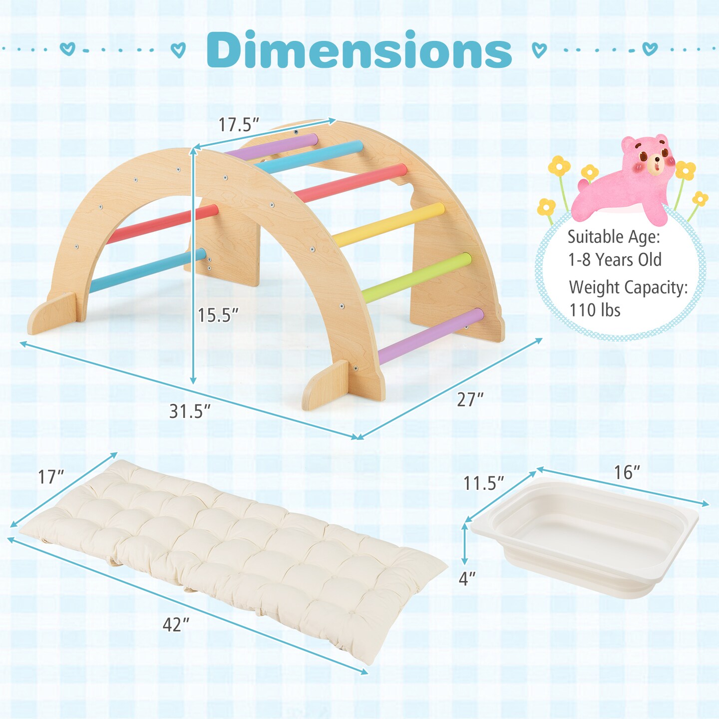 Wooden 6-in-1 Kids Climbing Arch Playset with Cushion, Storage Bin and Safety Features