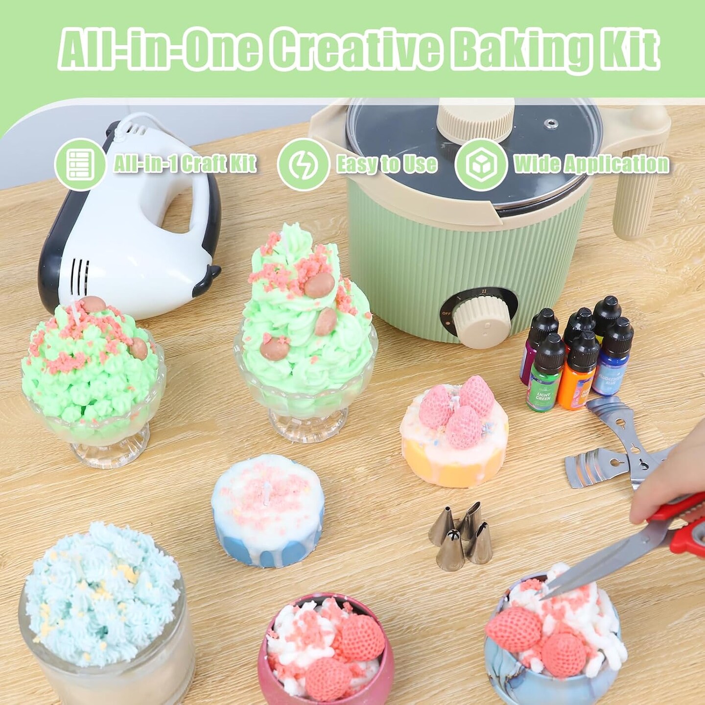 3 lb green wax melting pot designed for candle making, featuring a handheld build with dual power adjustment for better temperature control. Includes an easy pouring spout and a non stick coating, making it suitable for DIY candle projects and hobby