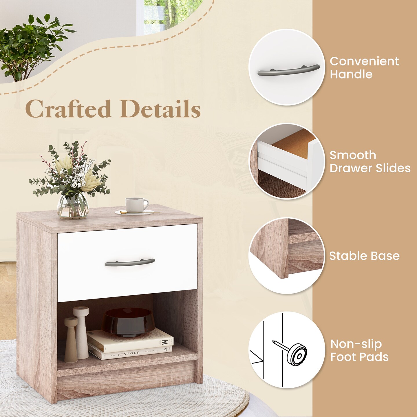 Nightstand with Drawer, Open Shelf, Modern Design and Sturdy Structure