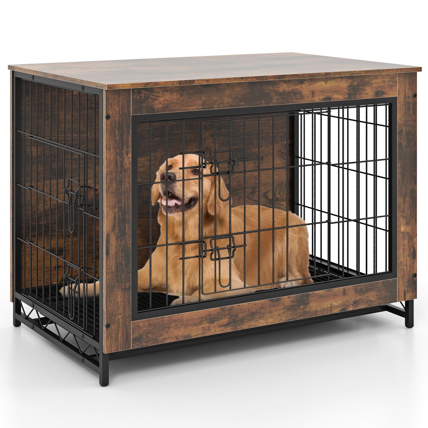 Rustic Brown MDF Metal Dog Crate Furniture with Dual Lockable Doors and Pull-Out Tray