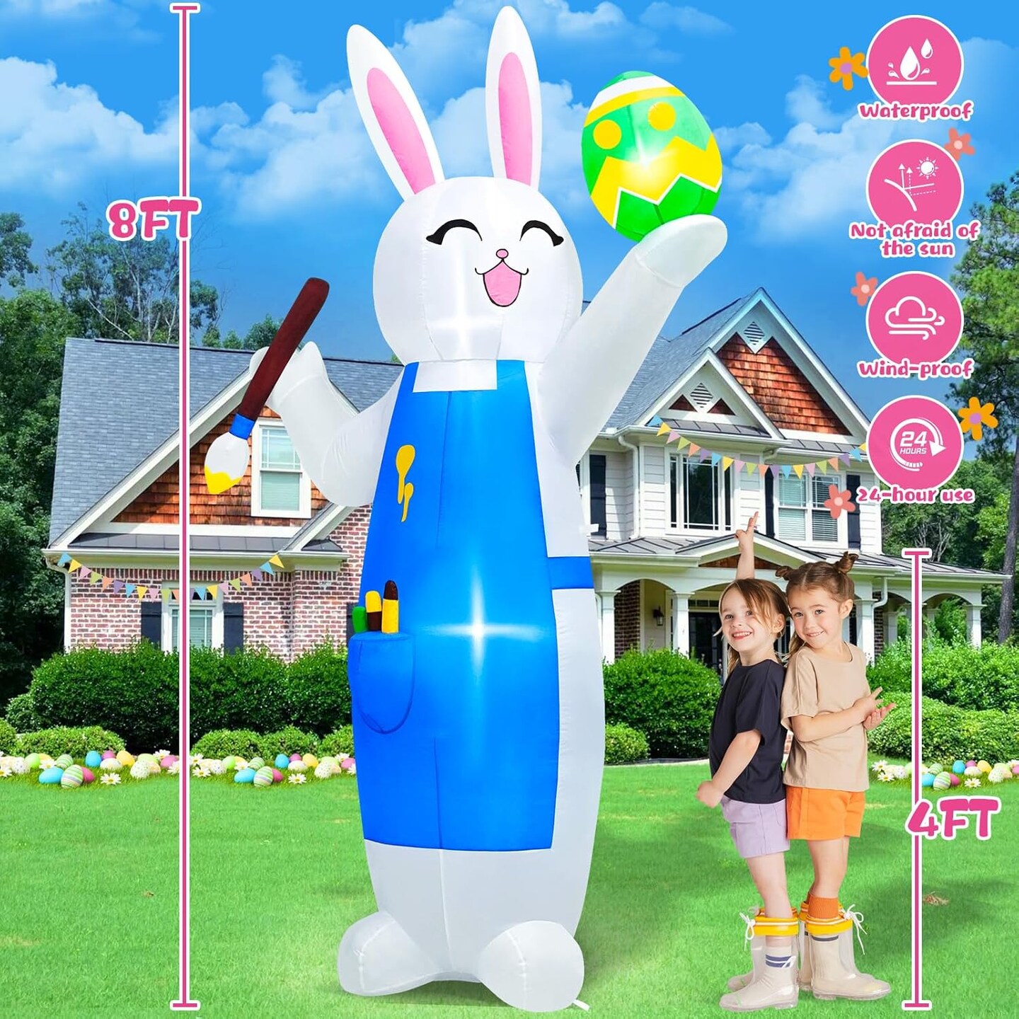 8FT Easter Inflatables Outdoor Decorations Blow Up Bunny Painting Eggs Built-in LED Lights, Happy Easter Decorations Inflatable Bunny for Indoor Yard Garden Lawn Holiday Party Decor