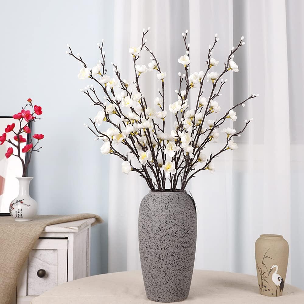 6 Pcs Artificial Plum Blossom Fake Wintersweet Long Stem Plastic Flowers Home Hotel Office Wedding Party Garden Decor 21.5&#x27;&#x27; High White
