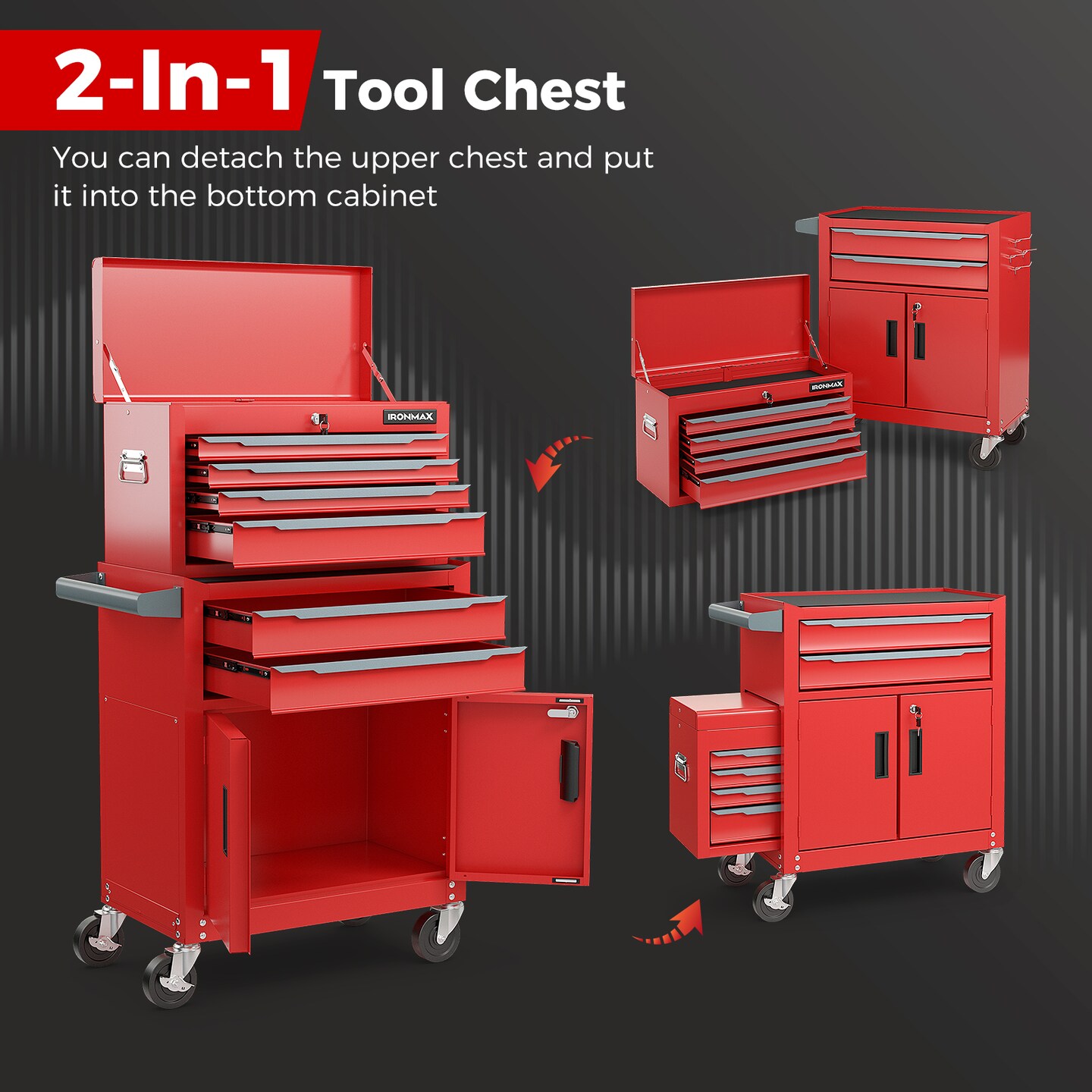6-Drawer Rolling Tool Storage Chest with Universal Wheels and 2 Door Bottom Cabinet