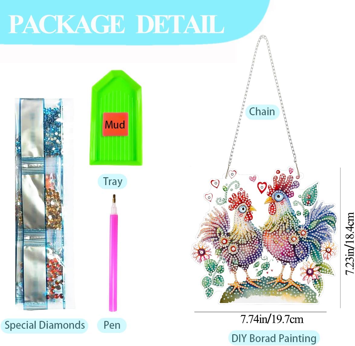 Diamond Art Kits for Adults Ornaments-Chicken Diamond Art Paintings Suncatchers-Full Drill Diamond Dots Paintings for Beginners, Round 5D Paint with Diamonds Art Accessories Gem DIY Deco &#x3010;Package Include&#x3011;1 canvas without frame, 1 diamond sticky pens,