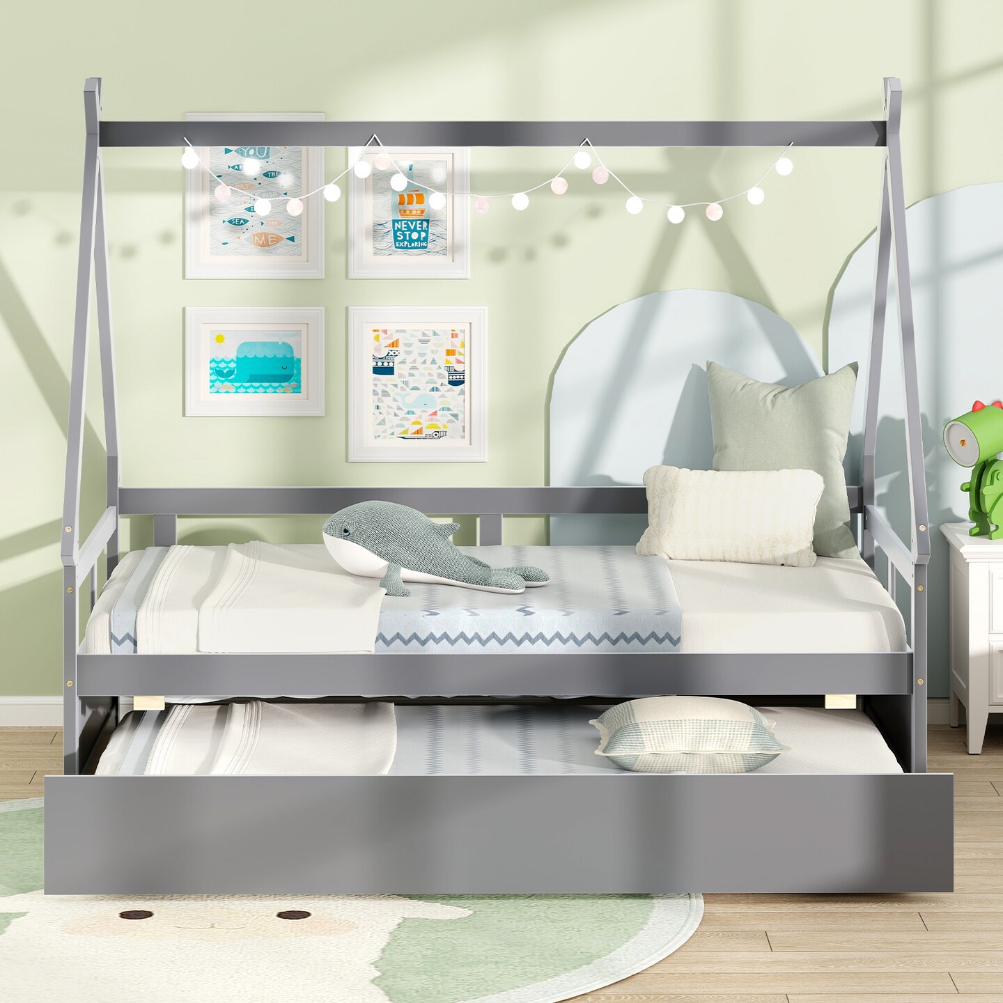 Twin Size House Frame Bed with Trundle, Wooden Construction and Creative Design