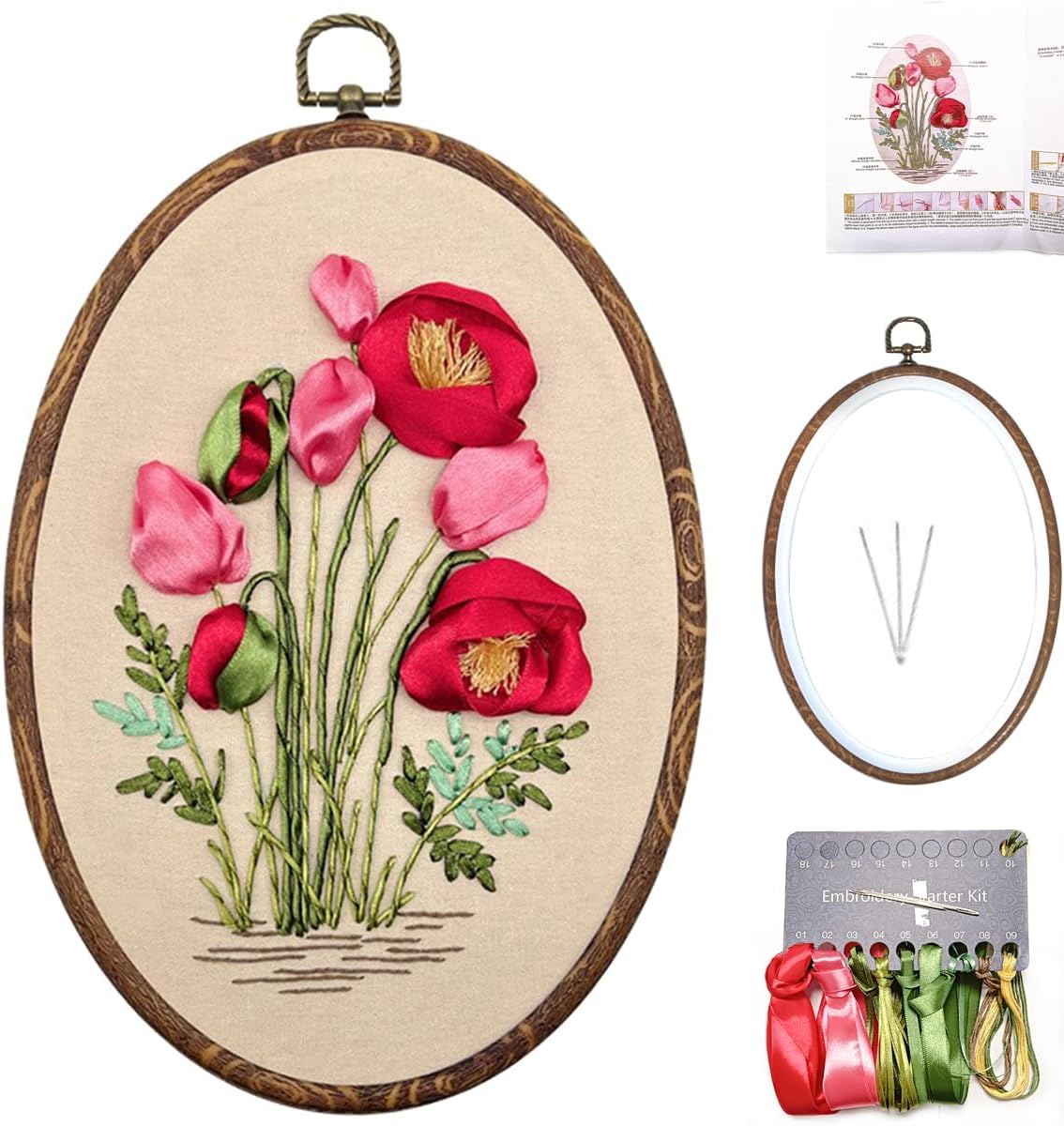 Ribbon Embroidery Kit – 3D Red Rose DIY Handwork Set for Home Decor