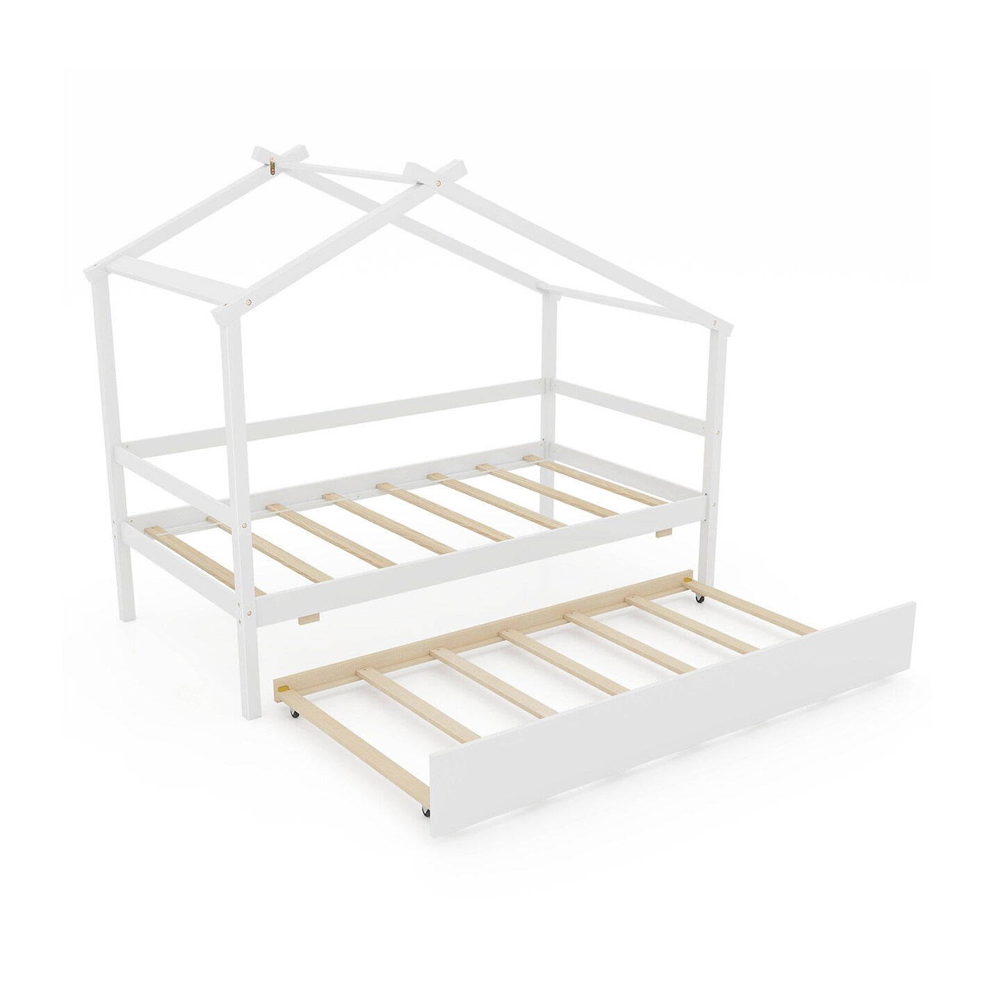 Pine Wood Twin Size House Bed with Trundle, DIY Roof, Slat Support and Safe Design