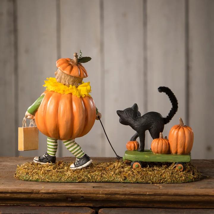 Bethany Lowe Halloween Pumpkin Paige with Black Cat Wagon 5.5 Inch Figurine