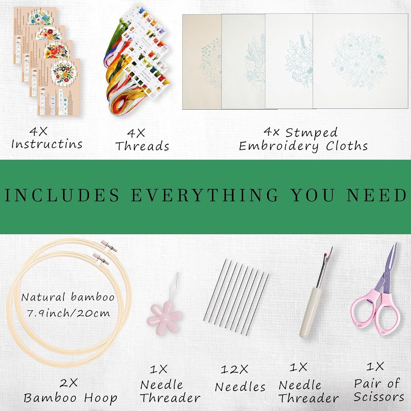 4 Sets Embroidery Kit for Beginners – Easy Stamped Floral Pattern Needlepoint Kit with Bamboo Hoops, Needles & Fabric, DIY Hand Embroidery Craft for Home Decor (Flower-4)