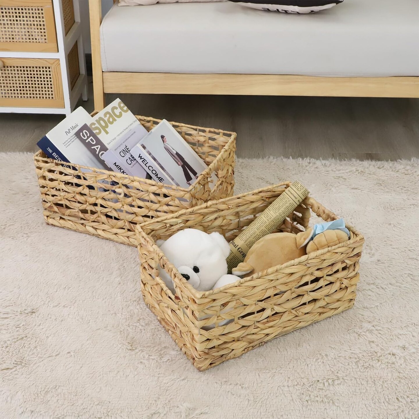 Rectangular Water Hyacinth Storage Basket, Wicker Baskets for Organizing,Hyacinth Baskets with Handle