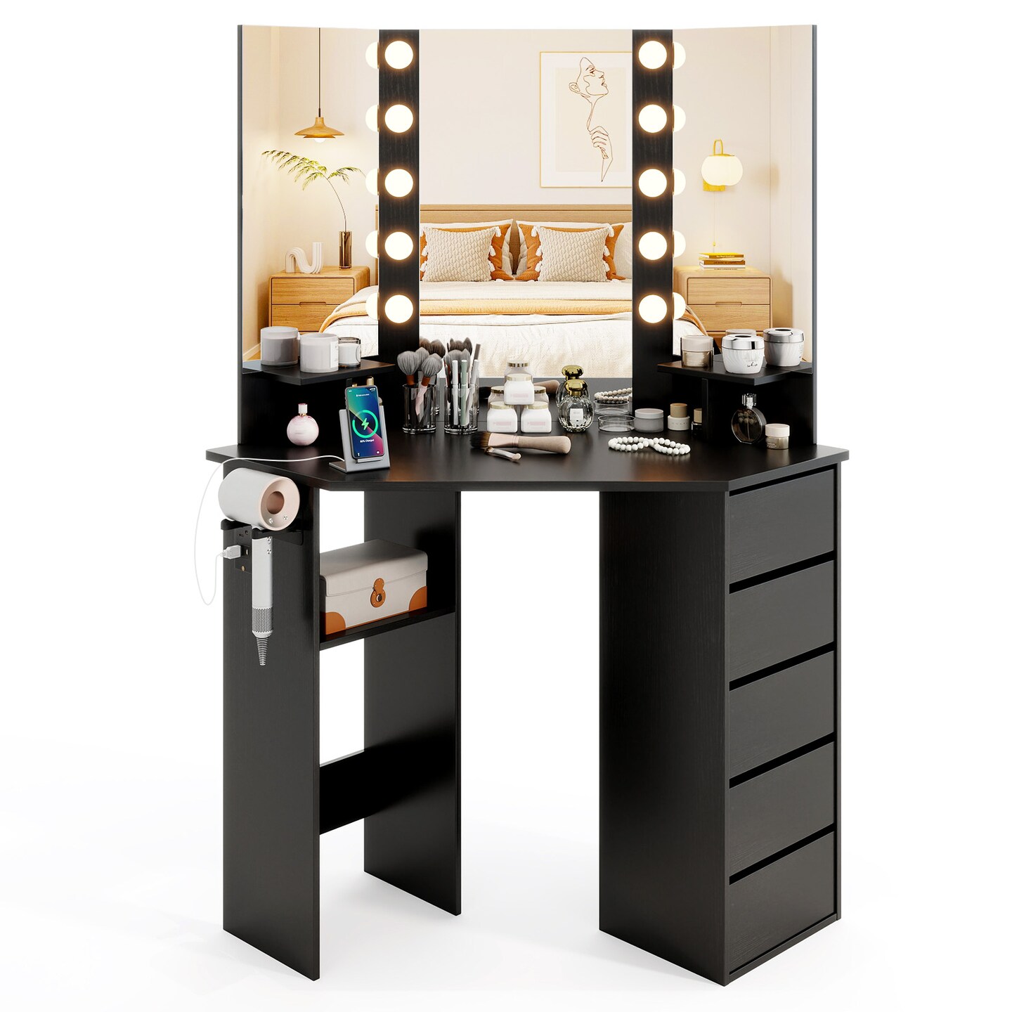 5 Drawers Corner Vanity Desk with LED Mirror and Charging Station Storage Shelves for Bedroom