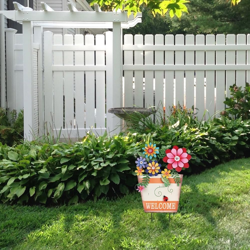Spring Garden Decoration for Outside, Metal Flower Pot Decorative Garden Stakes with Flowers for Spring Decor, Yard Art Welcome Sign for Outdoor Garden Lawn Backyard Porch Patio Decorations