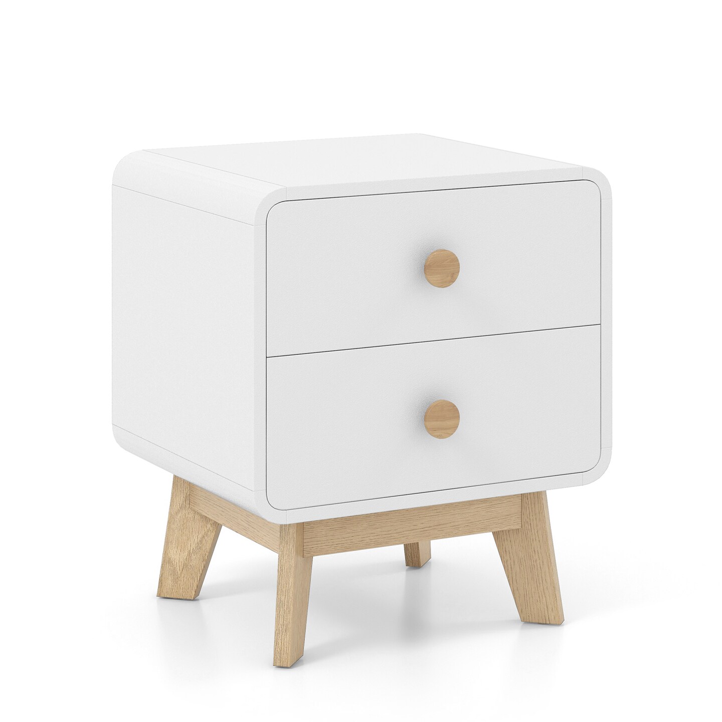 MDF and Rubber Wood Nightstand with 2 Drawers and Mid-Century Modern Design