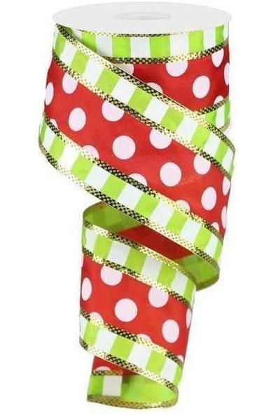 2.5&#x22; Striped Edge Polka Dot Ribbon: Red, Lime &#x26; White (10 Yards)